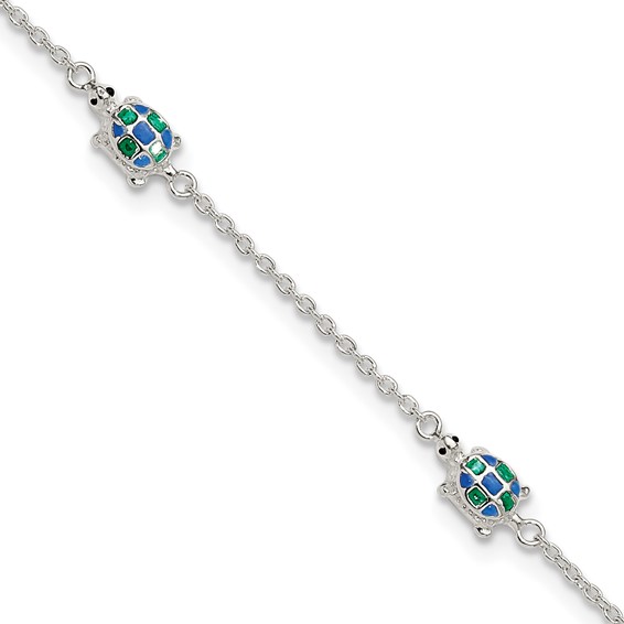 Sterling Silver Enamel Turtle 5-Station 10 inch Plus 1 inch Extender - Total 11 inch Anklet