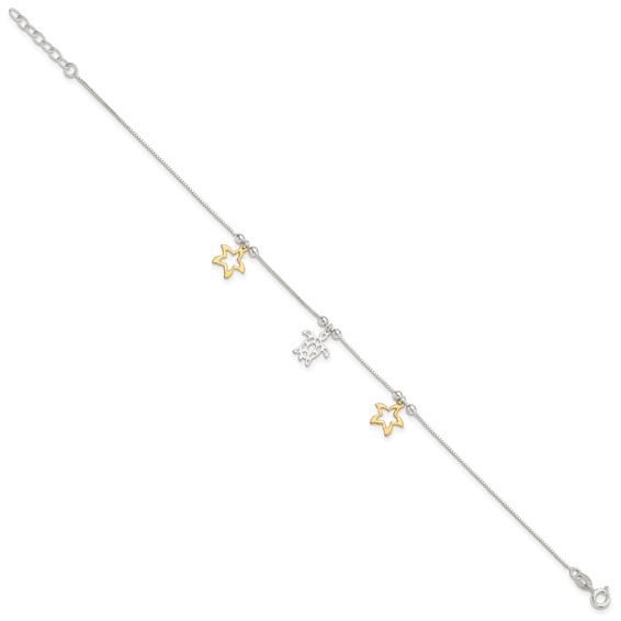 Sterling Silver Gold-Tone Starfish and Turtle 9 inch Plus 1 inch Extender - Total 10 inch Anklet