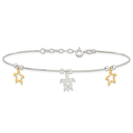 Sterling Silver Gold-Tone Starfish and Turtle 9 inch Plus 1 inch Extender - Total 10 inch Anklet