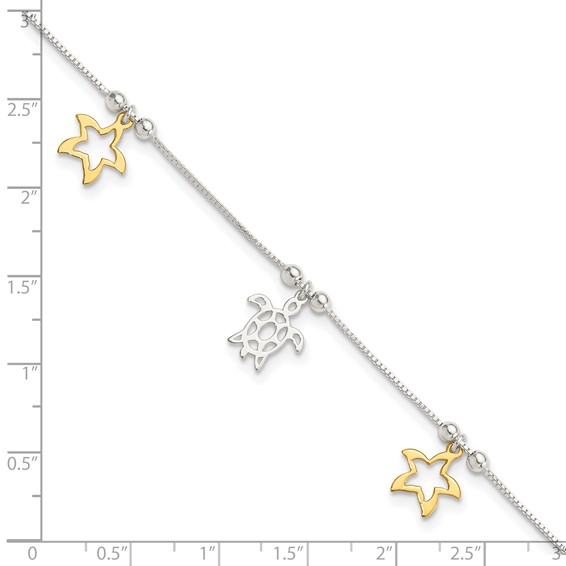 Sterling Silver Gold-Tone Starfish and Turtle 9 inch Plus 1 inch Extender - Total 10 inch Anklet