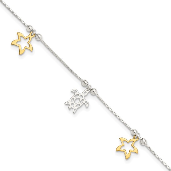 Sterling Silver Gold-Tone Starfish and Turtle 9 inch Plus 1 inch Extender - Total 10 inch Anklet