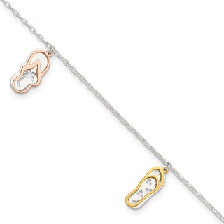 Sterling Silver Rose-tone and Gold-Tone Flip Flops 9 inch Plus 1 inch Extender - Total 10 inch Anklet