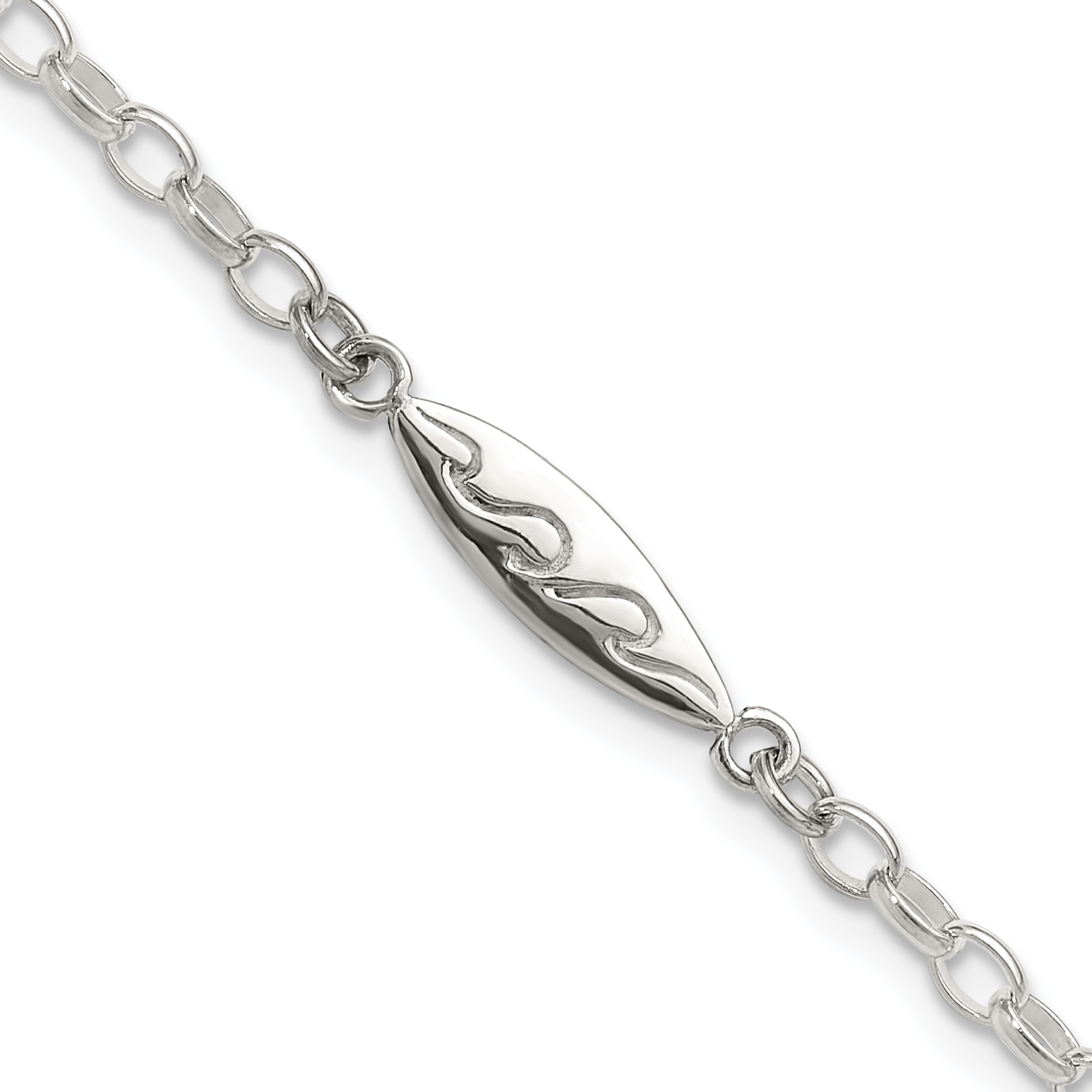 Sterling Silver Antiqued Polished Etched Waves Surf Board Bracelet (QG6320-7.25)
