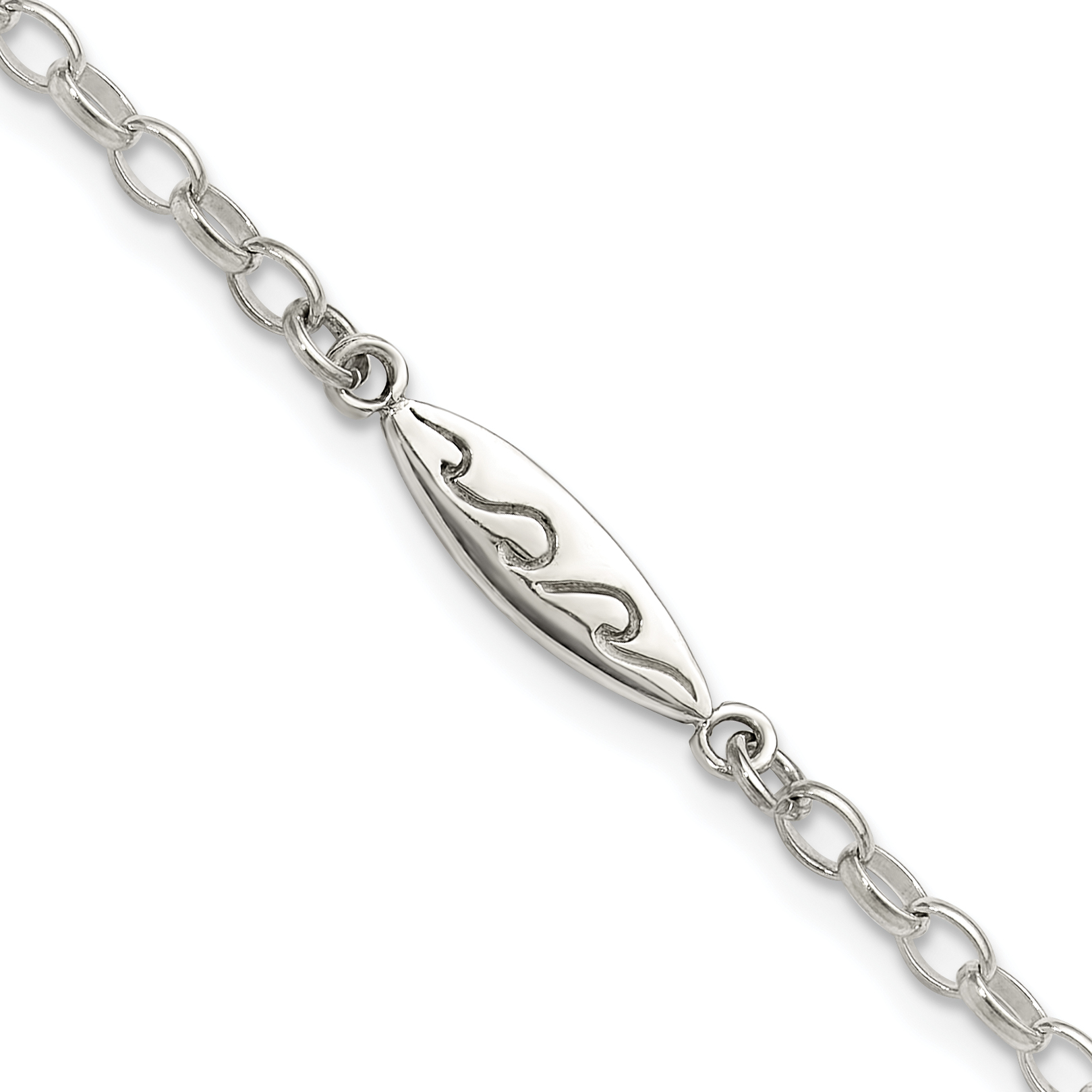 Sterling Silver Antiqued Polished Etched Waves Surfboard Link Anklet (QG6320-9)