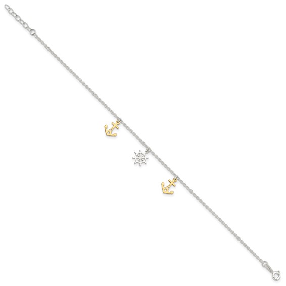 Sterling Silver Gold-tone Anchor/Ship's Wheel 9 inch Plus 1 inch Extender - Total 10 inch Anklet