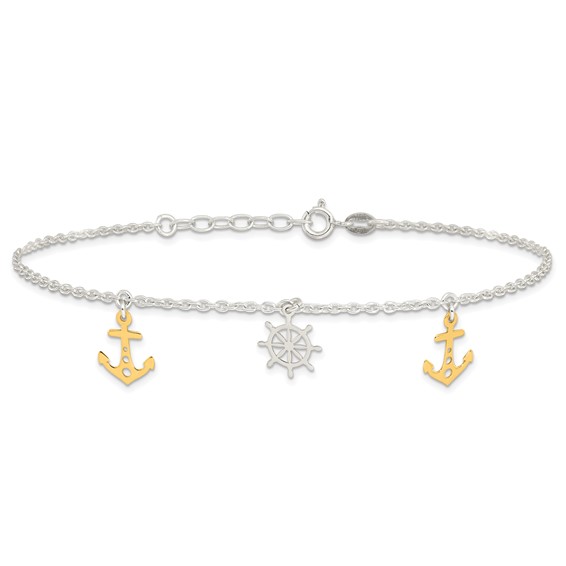 Sterling Silver Gold-tone Anchor/Ship's Wheel 9 inch Plus 1 inch Extender - Total 10 inch Anklet