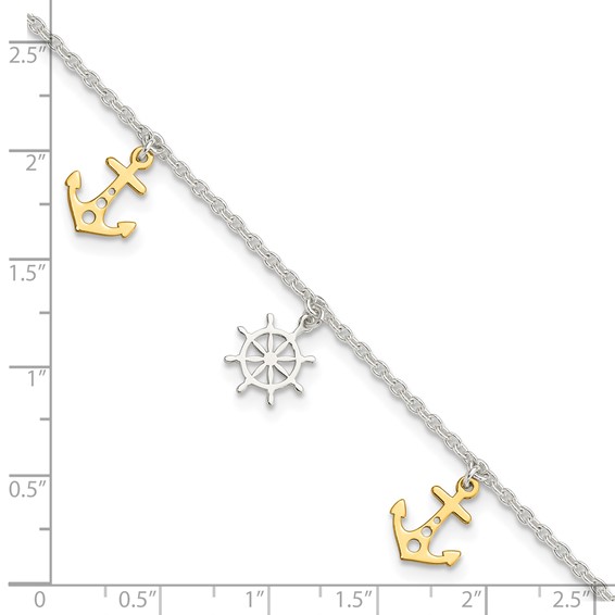 Sterling Silver Gold-tone Anchor/Ship's Wheel 9 inch Plus 1 inch Extender - Total 10 inch Anklet