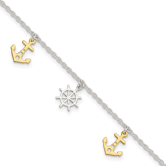 Sterling Silver Gold-tone Anchor/Ship's Wheel 9 inch Plus 1 inch Extender - Total 10 inch Anklet