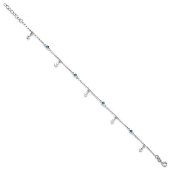 Sterling Silver Blue CZ / Anchors 9 inch Plus 1 inch Extender - Total 10 inch Anklet