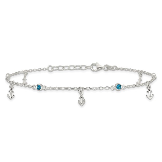 Sterling Silver Blue CZ / Anchors 9 inch Plus 1 inch Extender - Total 10 inch Anklet