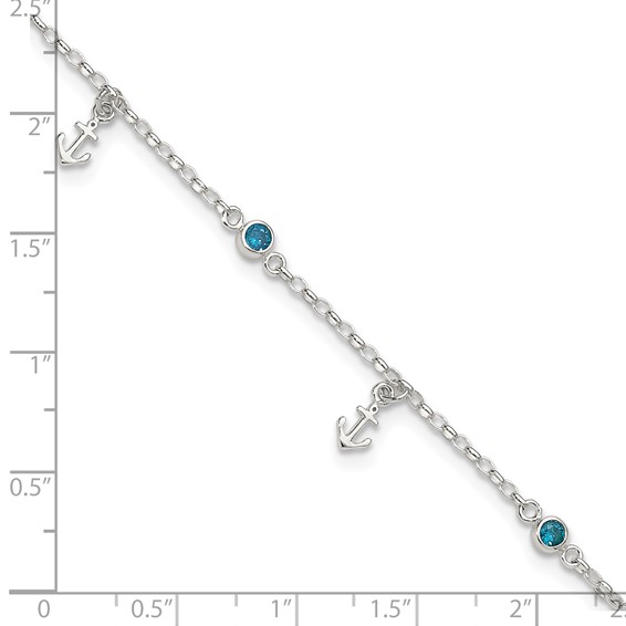 Sterling Silver Blue CZ / Anchors 9 inch Plus 1 inch Extender - Total 10 inch Anklet