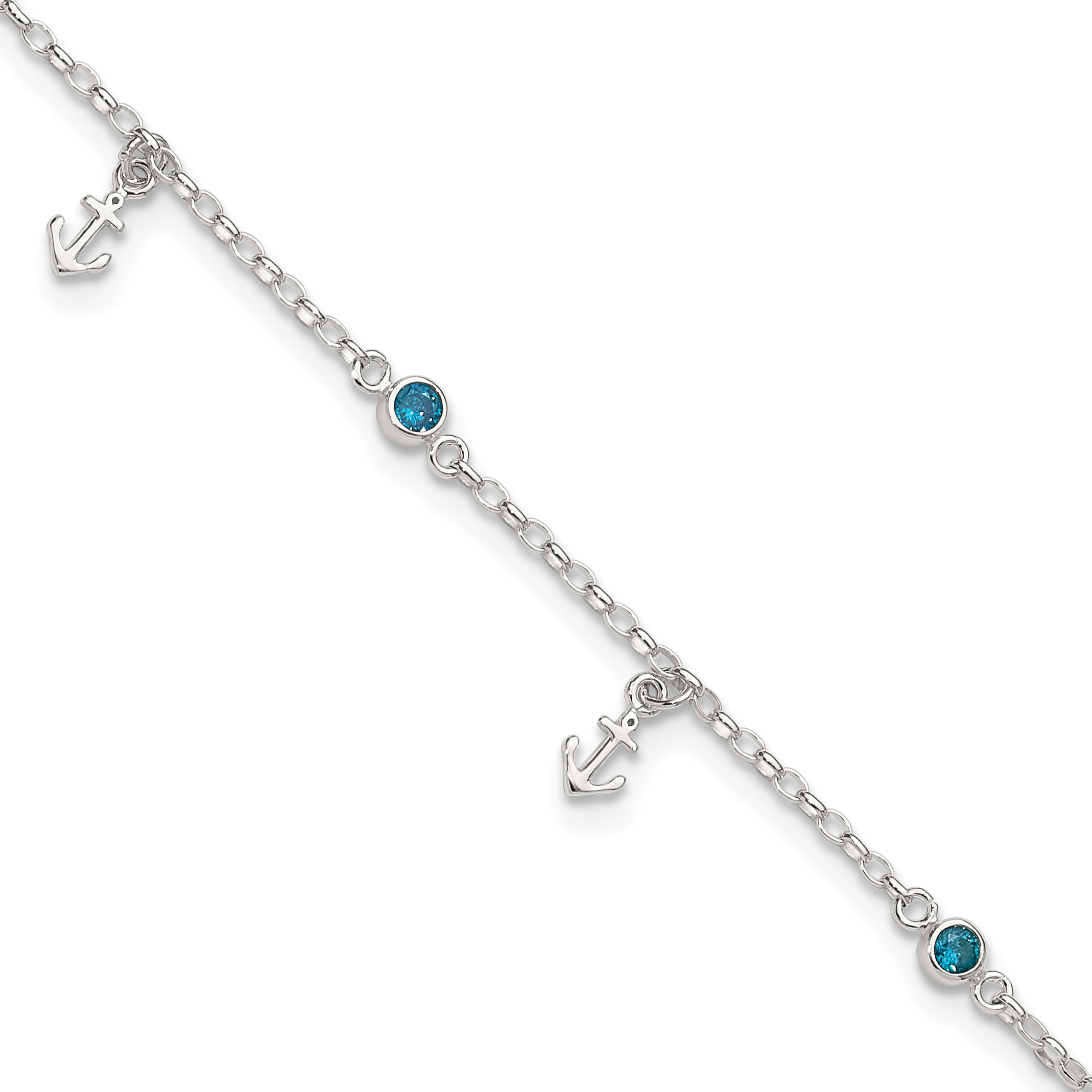 Sterling Silver Polished Blue CZ and Anchors 9in Plus 1in ext Anklet (QG6323-9)