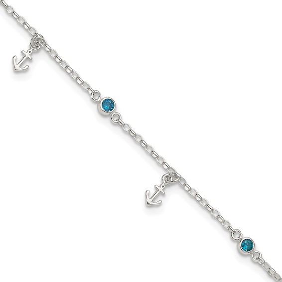 Sterling Silver Blue CZ / Anchors 9 inch Plus 1 inch Extender - Total 10 inch Anklet