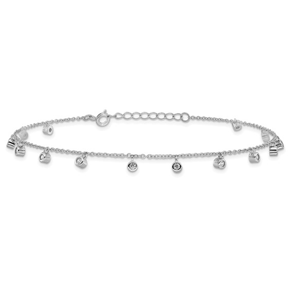 Sterling Silver Rhodium-plated Bezel CZ 9 inch Plus 1 inch Extender - Total 10 inch Anklet