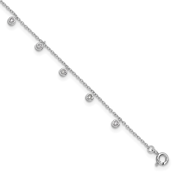 Sterling Silver Rhodium-plated Bezel CZ 9 inch Plus 1 inch Extender - Total 10 inch Anklet