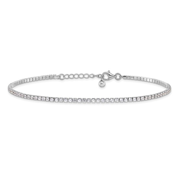 Sterling Silver Rhodium-plated 2mm CZ 9 inch Plus 1 inch Extender - Total 10 inch Anklet