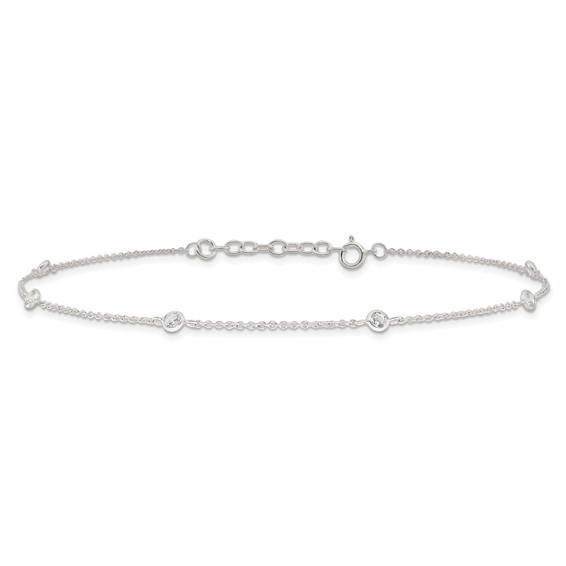 Sterling Silver E-coated CZ 6-Station 9.75 inch Plus 1 inch Extender  - Total 10.75 inch Anklet