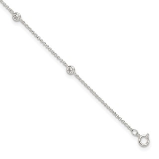 Sterling Silver E-coated CZ 6-Station 9.75 inch Plus 1 inch Extender  - Total 10.75 inch Anklet
