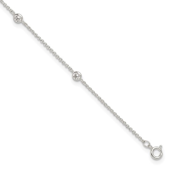 Sterling Silver E-coated CZ 6-Station 9.75 inch Plus 1 inch Extender  - Total 10.75 inch Anklet