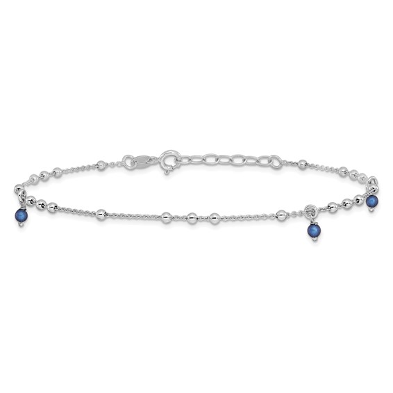 Sterling Silver Rhodium-plated Blue Crystal Beads 9 inch Plus 1 inch Extender - Total 10 inch Anklet