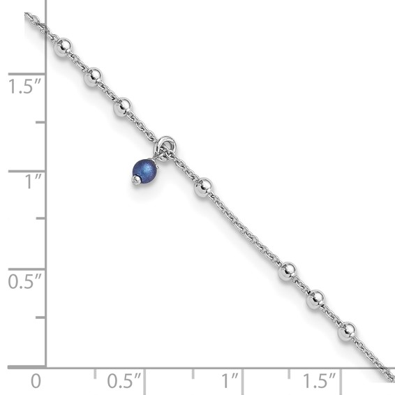 Sterling Silver Rhodium-plated Blue Crystal Beads 9 inch Plus 1 inch Extender - Total 10 inch Anklet