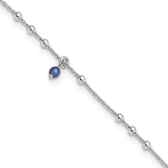 Sterling Silver Rhodium-plated Blue Crystal Beads 9 inch Plus 1 inch Extender - Total 10 inch Anklet