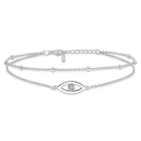 Sterling Silver Created Opal Eye 2-Strand 9 inch Plus 1 inch Extender - Total 10 inch Anklet