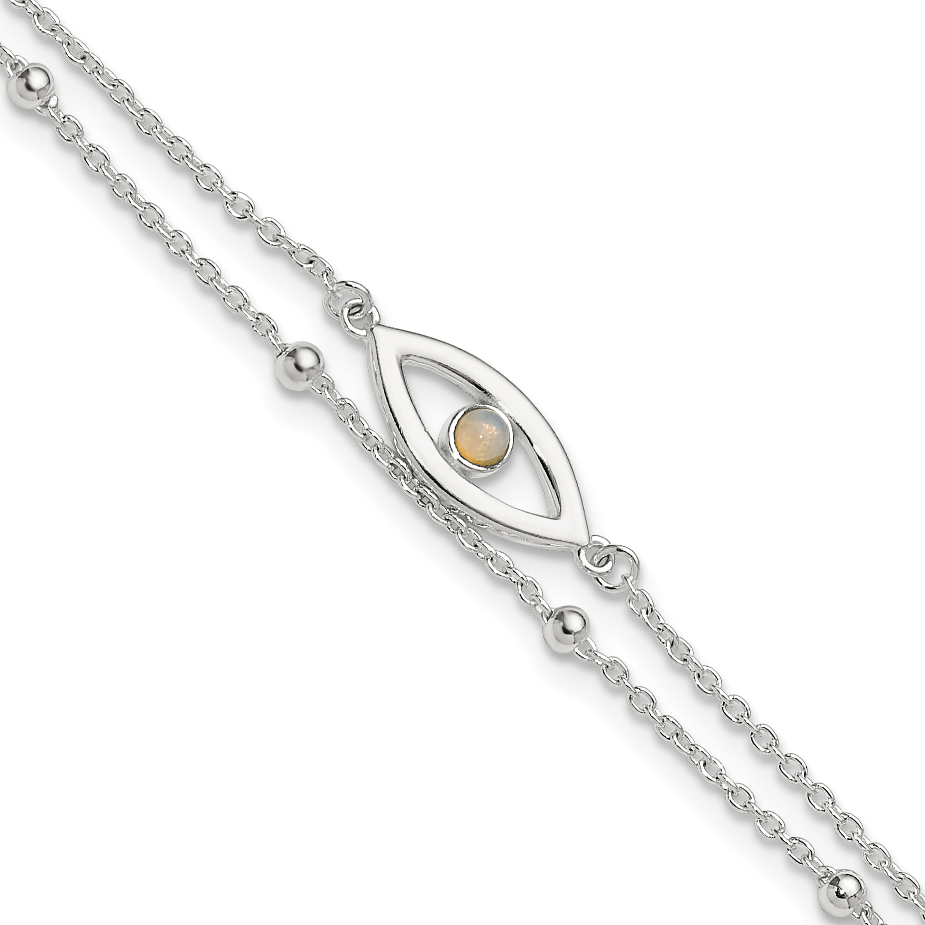 Sterling Silver Polished Created Opal Eye and Bead 9in Plus 1in ext Anklet (QG6330-9)