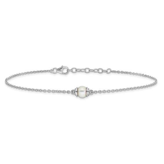 Sterling Silver Rhodium-plated Freshwater Cultured Pearl 9 inch Plus 1 inch Extender - Total 10 inch Anklet