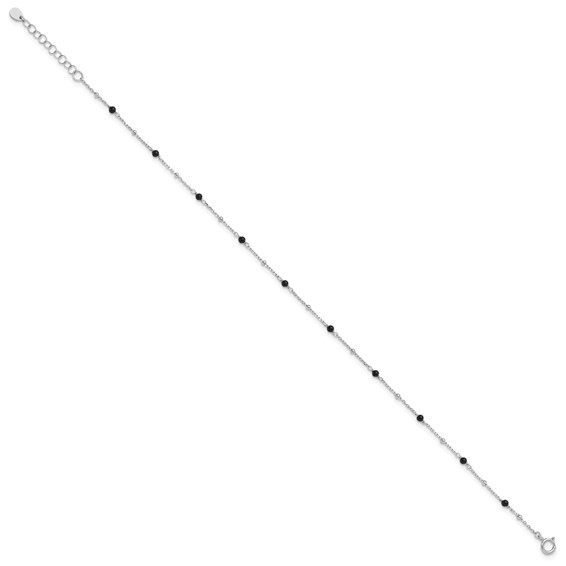Sterling Silver Rhodium-plated Onyx Bead 9.25 inch Plus 1 inch Extender - Total 10.25inch Anklet