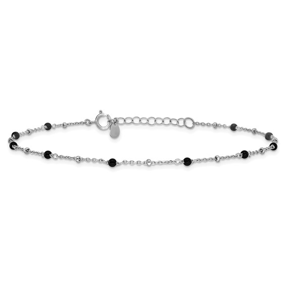 Sterling Silver Rhodium-plated Onyx Bead 9.25 inch Plus 1 inch Extender - Total 10.25inch Anklet