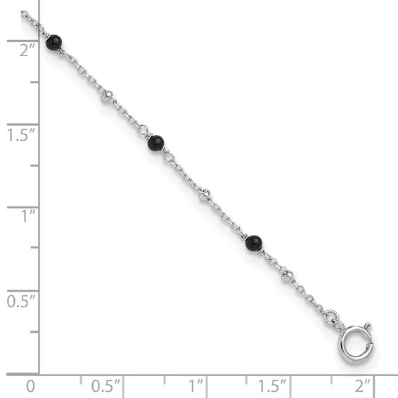 Sterling Silver Rhodium-plated Onyx Bead 9.25 inch Plus 1 inch Extender - Total 10.25inch Anklet
