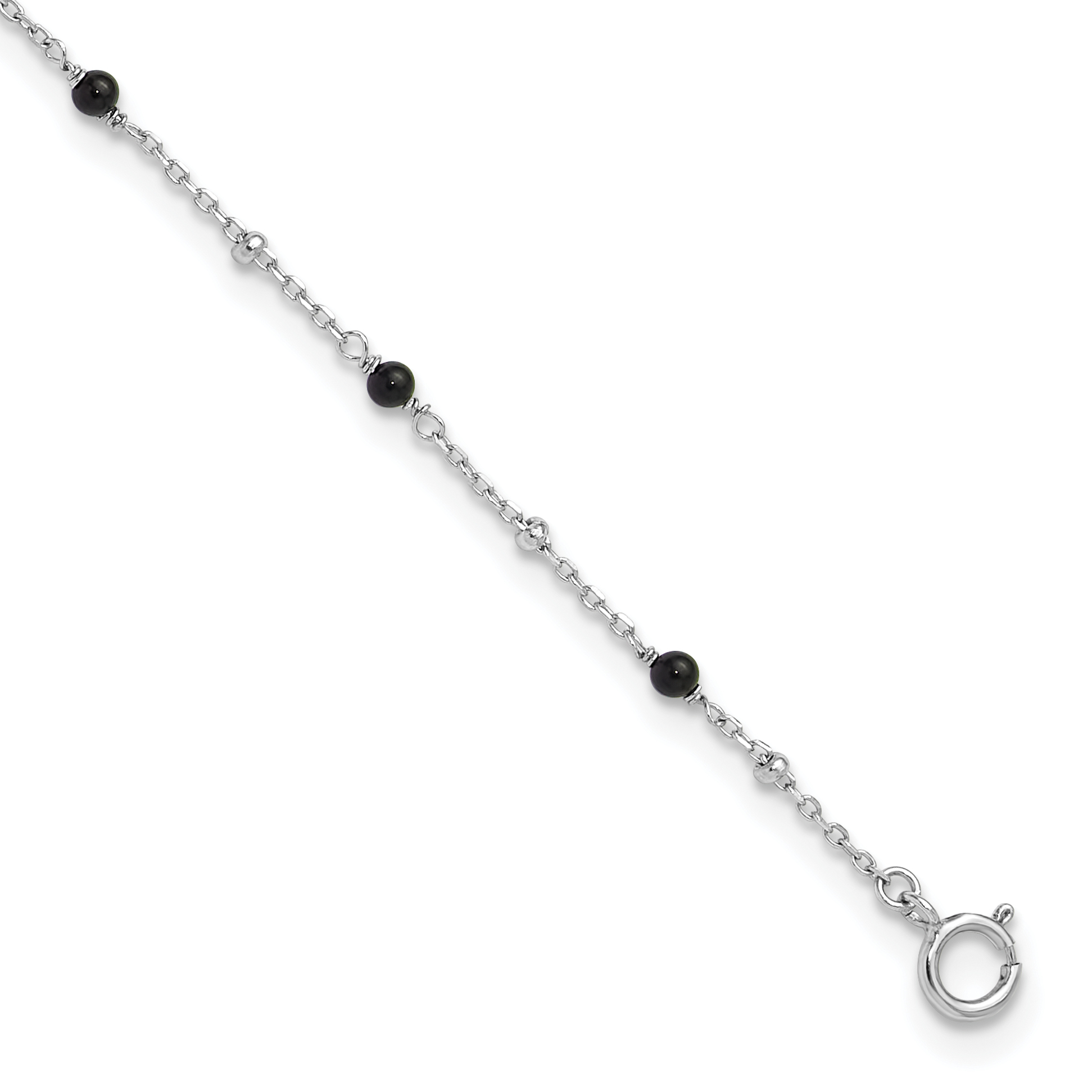 Sterling Silver Rhodium-plated Onyx Beaded 9.25in Plus 1in ext Anklet (QG6332-9.25)