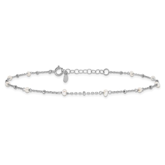 Sterling Silver Rhodium-plated 3mm Freshwater Cultured Pearl 9 inch Plus 1 inch Extender - Total 10 inch Anklet
