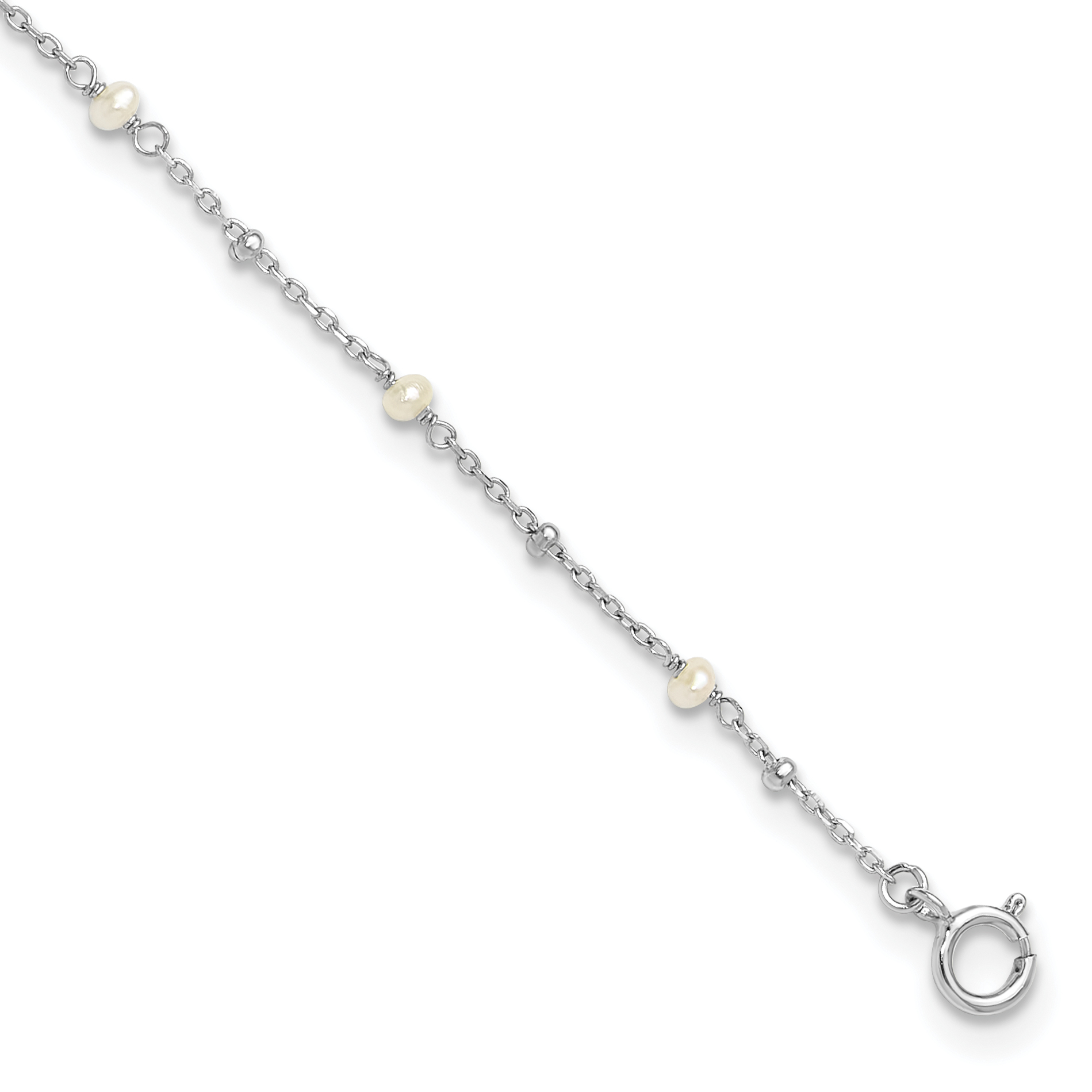 Sterling Silver Rhodium-plated 3mm FWC Pearl 9in Plus 1in ext Anklet (QG6333-9)