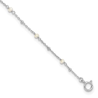 Sterling Silver Rhodium-plated 3mm Freshwater Cultured Pearl 9 inch Plus 1 inch Extender - Total 10 inch Anklet
