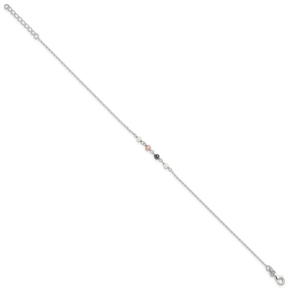 Sterling Silver Pink/Black/White Glass Pearl 8.75 inch Plus 1 inch  Extender - Total 9.75 inch Anklet