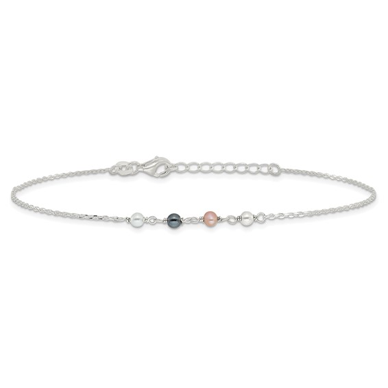 Sterling Silver Pink/Black/White Glass Pearl 8.75 inch Plus 1 inch  Extender - Total 9.75 inch Anklet