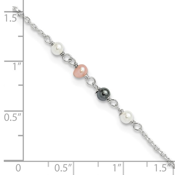 Sterling Silver Pink/Black/White Glass Pearl 8.75 inch Plus 1 inch  Extender - Total 9.75 inch Anklet