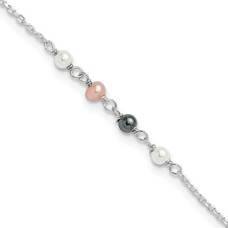 Sterling Silver Pink/Black/White Glass Pearl 8.75 inch Plus 1 inch  Extender - Total 9.75 inch Anklet