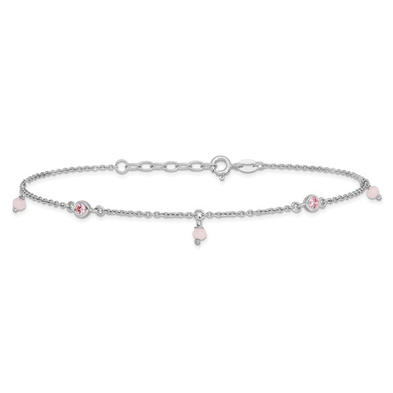 Sterling Silver Rhodium-plated Pink CZ/Glass Beads 9 inch Plus 1 inch Extender - Total 10 inch Anklet