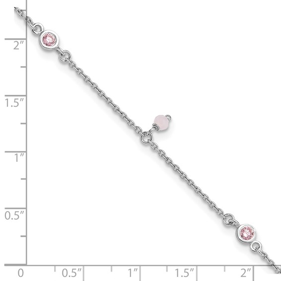 Sterling Silver Rhodium-plated Pink CZ/Glass Beads 9 inch Plus 1 inch Extender - Total 10 inch Anklet