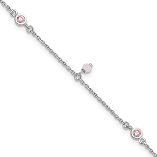 Sterling Silver Rhodium-plated Pink CZ/Glass Beads 9 inch Plus 1 inch Extender - Total 10 inch Anklet