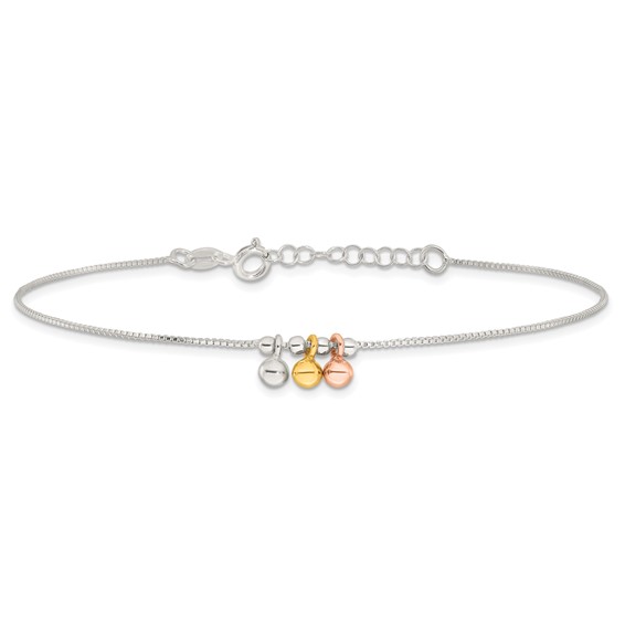 Sterling Silver Rose-tone and Gold-Tone Beads 9 inch Plus 1 inch Extender - Total 10 inch Anklet