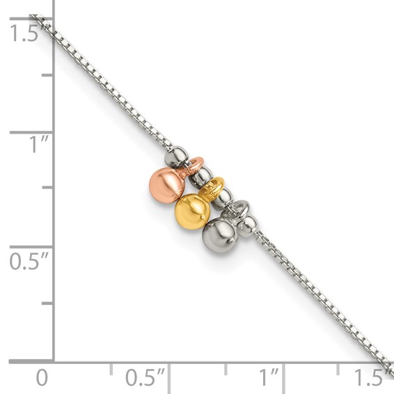 Sterling Silver Rose-tone and Gold-Tone Beads 9 inch Plus 1 inch Extender - Total 10 inch Anklet