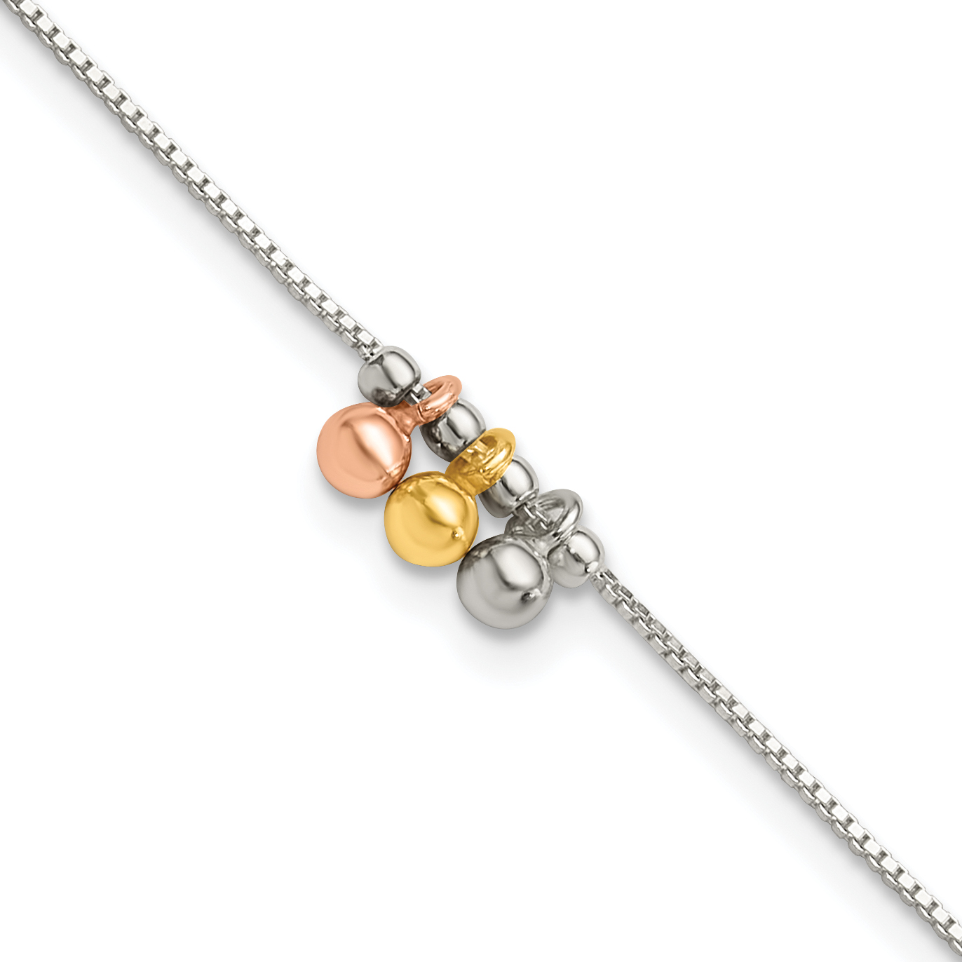 Sterling Silver with Rose and Gold-Tone Dangle Beads 9in Plus 1in ext Ankle (QG6339-9)