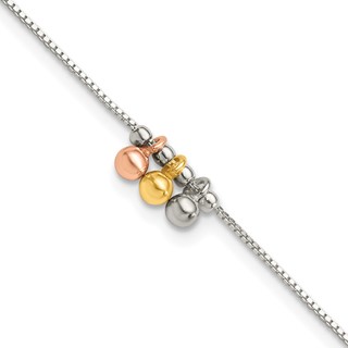 Sterling Silver Rose-tone and Gold-Tone Beads 9 inch Plus 1 inch Extender - Total 10 inch Anklet