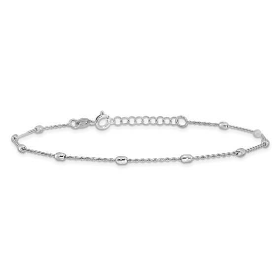 Sterling Silver Rhodium-plated Oval Bead 9 inch Plus 1 inch Extender - Total 10 inch Anklet
