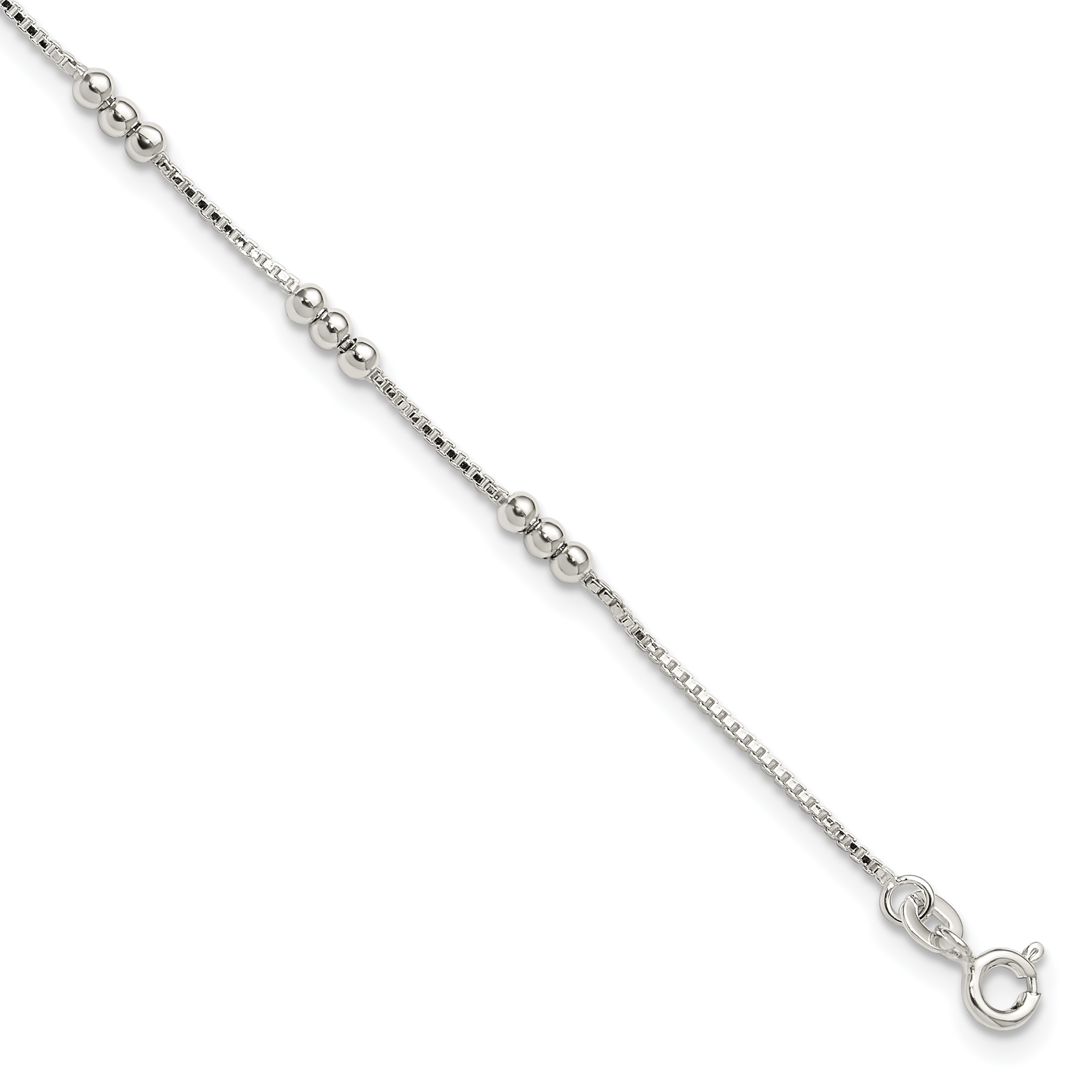 Sterling Silver Polished Beaded Box 10in Anklet (QG6341-10)