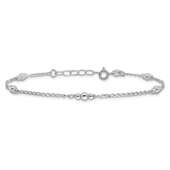 Sterling Silver Rhodium-plated Beads 9 inch Plus 1 inch Extender - Total 10 inch Anklet